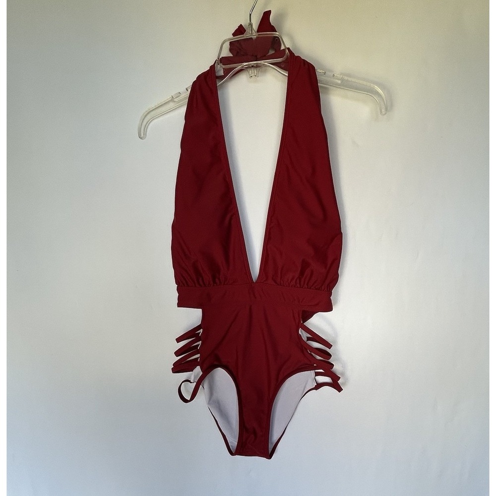 Aqua Eve Women 1 Piece Halter Plunge V Neck Cutout Bathing Suit Medium NWT